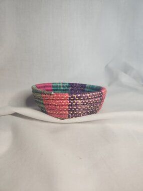 Handcrafted Round Basket Bolga Style Pink Purple Teal Keys Jewelry Trinkets
